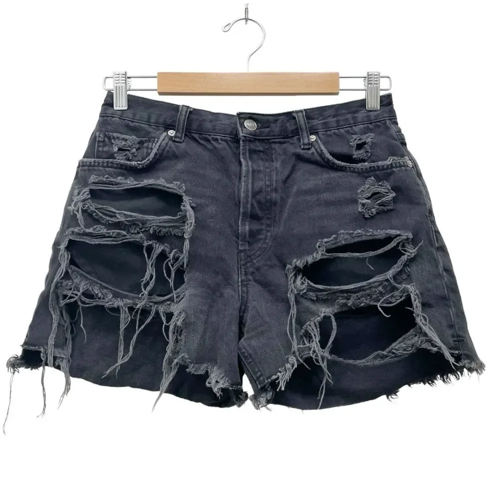 Free People We The Free Maggie Jean Shorts Montero Black Destroyed Wash Size 27